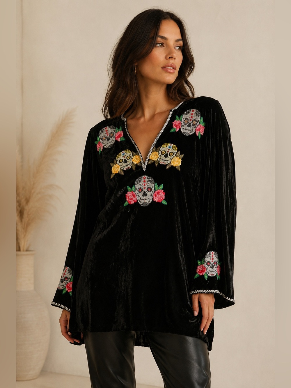 Rocki Gorman Santa Fe Black Velvet Sugar Skull Embroidered Tunic XXL